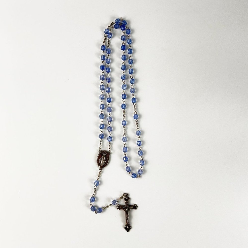 Catholic Rosary Virgin Mary Acrylic Blue Beads 20" Long